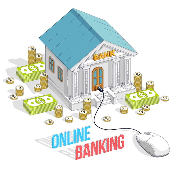 bank building with computer mouse and cash money stack and coins, online banking, cartoon isolated on white background. isometric vector business and finance illustration, 3d thin line design.