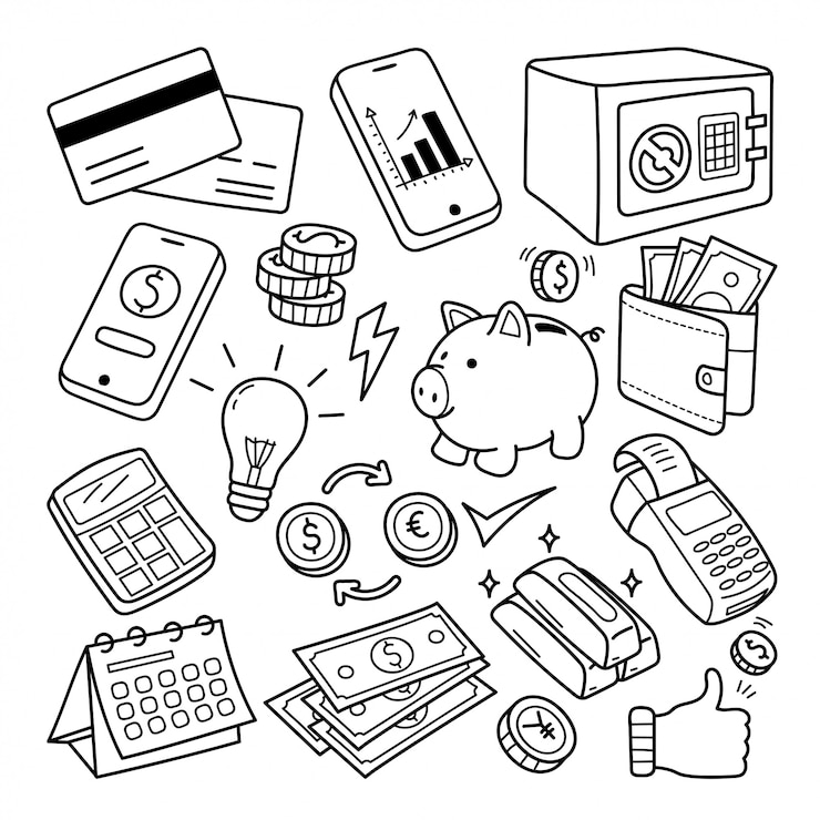 Vektor banking and finance line doodle illustration