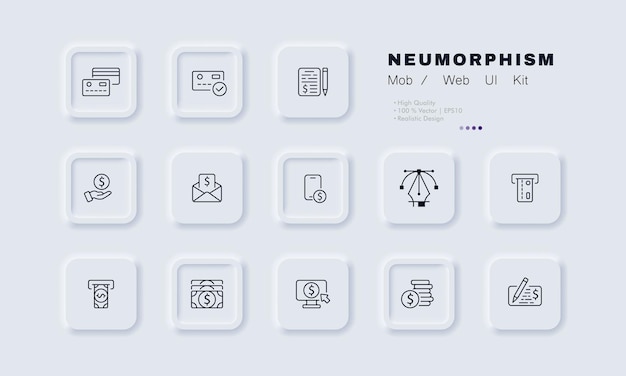 Banking set icon Online money bank card cashless payments write a check cash register dollar banknote currency computer coin Financial management concept Neomorphism Vector line icon