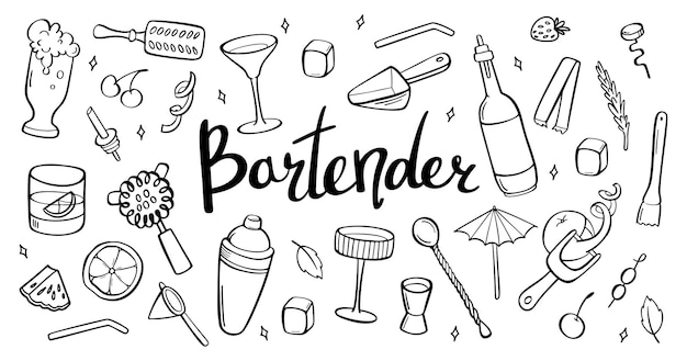 Bartender equipment for making cocktail outline set bar tools hand drawn illustration