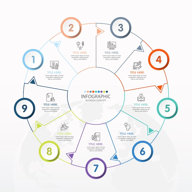 Basic circle infographic template with 9 steps, process or options, process chart, Used for process diagram, presentations, workflow layout, flow chart, infograph. Vector eps10 illustration.