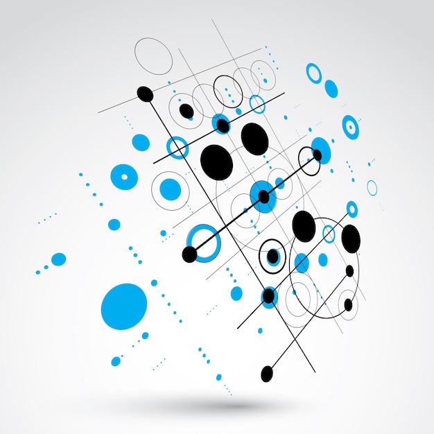Bauhaus art dimensional composition, perspective blue modular vector wallpaper with circles and grid. Retro style pattern, graphic backdrop for use as booklet cover template.
