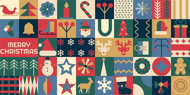 Bauhaus retro geometric pattern background Merry Christmas and Happy New Year Flat modern