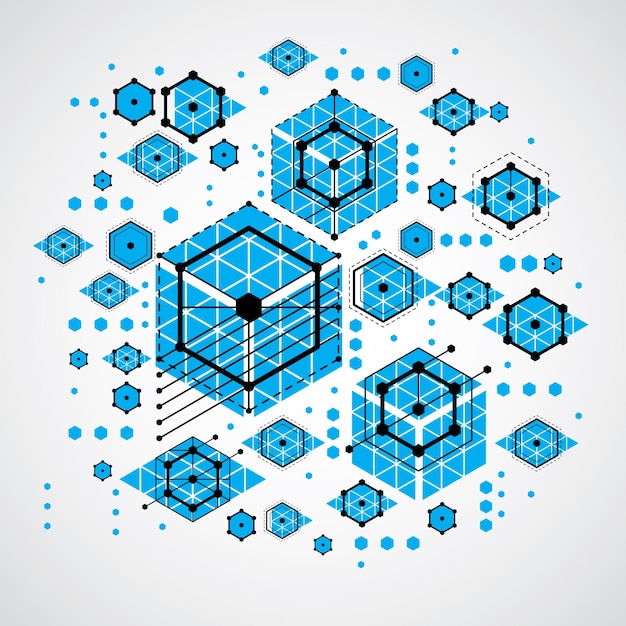 bauhaus retro wallpaper, art vector blue background made using grid, circles and rhombuses. geometric graphic 1960s illustration can be used as booklet cover design. technological pattern.