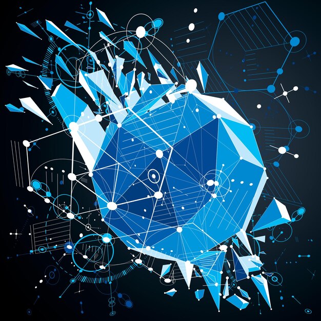 bauhaus wallpaper with low poly design elements, perspective blue vector background made using wireframe and honeycombs. geometric graphic illustration can be used as booklet cover design.