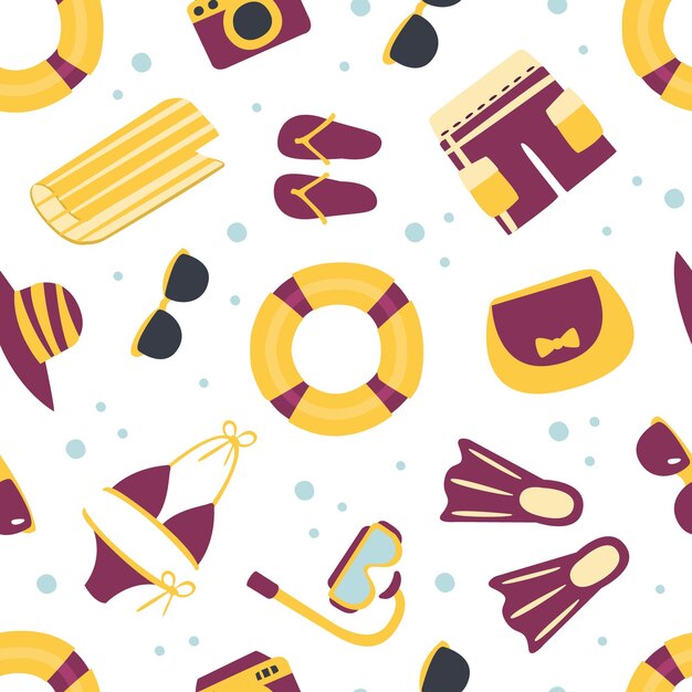 Beach Objects Seamless Pattern Summer Vacation Accessories Design Element Can Be Used for Textile Wallpaper Packaging Background Vector Illustration Web Design