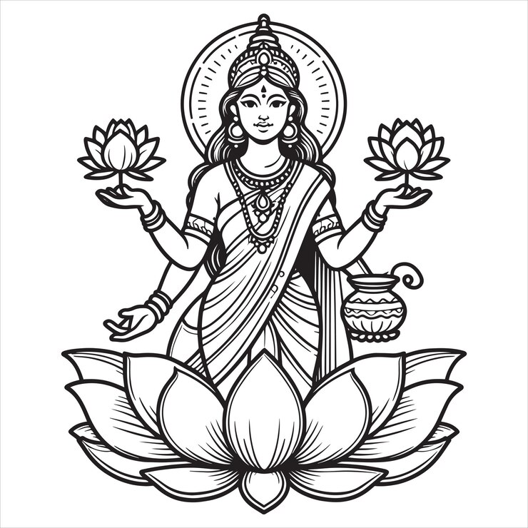 Vektor beautiful maa lakshmi hindu god laxmi pooja special illustration black and white clipart character