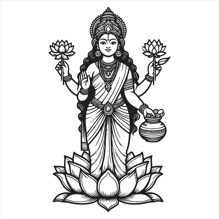 Vektor beautiful maa lakshmi hindu god laxmi pooja special illustration black and white clipart character