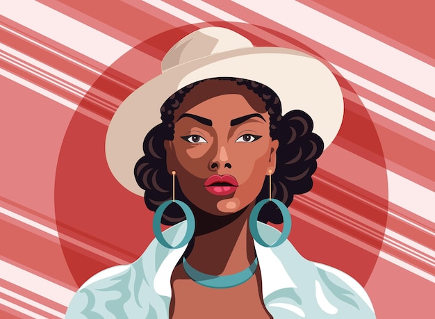 beautiful stylish woman in white hat and blue necklace earrings standing against red background