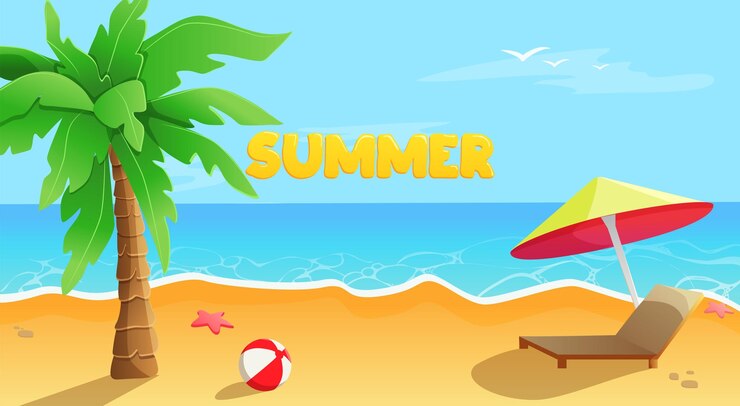 Beautiful vector view of the beach sea with palm tree umbrella and sunbed