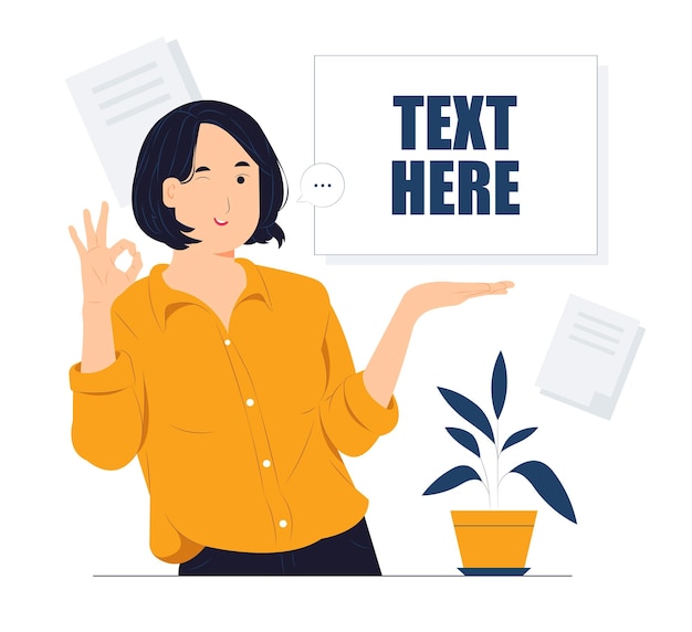 Beautiful woman showing and pointing fingers upper left and right corner with happy expression advices use this copy space wisely concept illustration