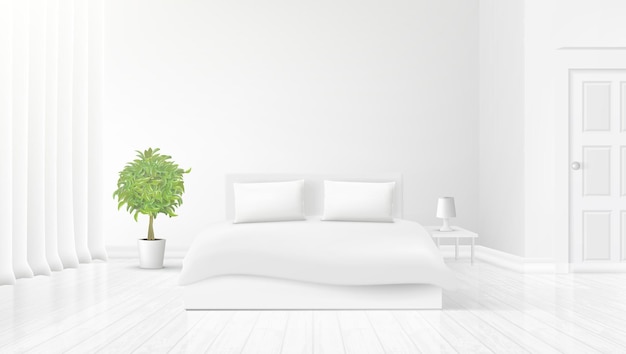 Bedroom Interior With Bed Cushions Curtains And Green Plant