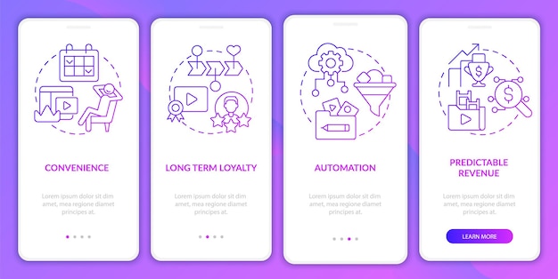 Benefits of subscription purple gradient onboarding mobile app screen Walkthrough 4 steps graphic instructions pages with linear concepts UI UX GUI template Myriad ProBold Regular fonts used