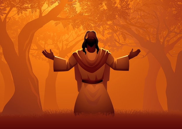 Biblical Silhouette Jesus Praying in Gethsemane Olive Trees Big