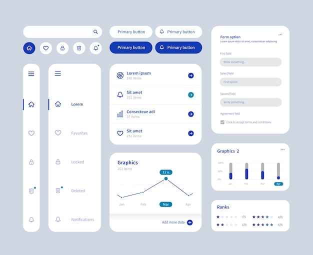 Big and improved ui kit for web designing mobile apps with the different buttons charts diagrams