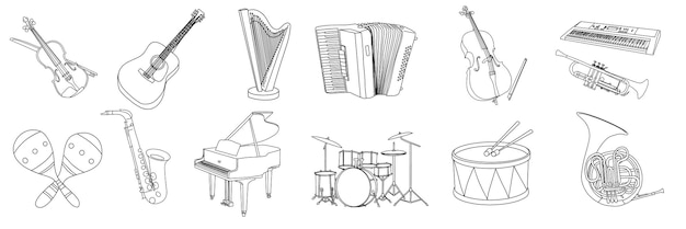 Big collection of doodle musical instruments Violin acoustic guitar harp accordion cello