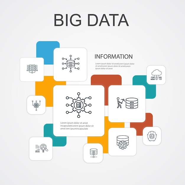 Big data Infographic 10 line icons template Database Artificial intelligence User behavior Data center simple icons