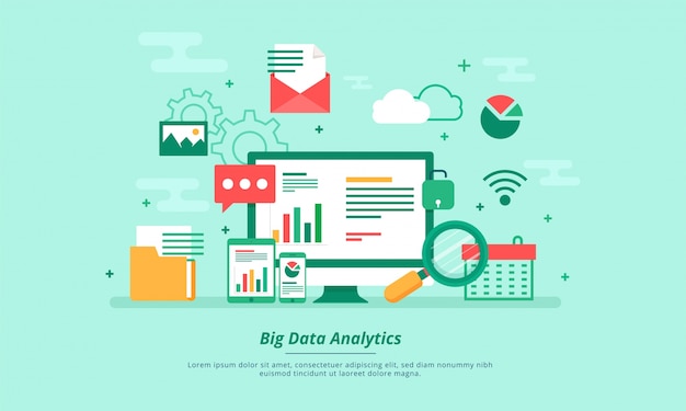 Big data, machine alogorithms, analytics concept saftey and security concept. Fin-tech (financial technology) background. flat illustration style.