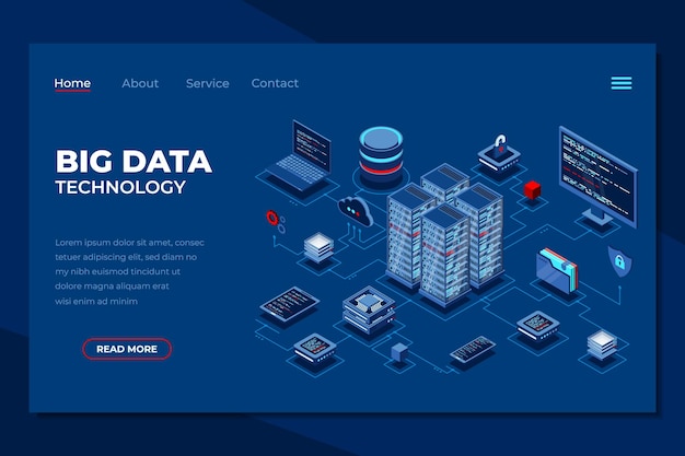 big data technology isometric landing page information storage and analysis system cloud database service isometric technology
