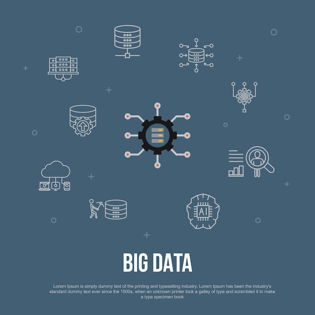 Big data trendy UI flat concept with simple line icons. Contains such elements as Database, Artificial intelligence, User behavior, Data center and more