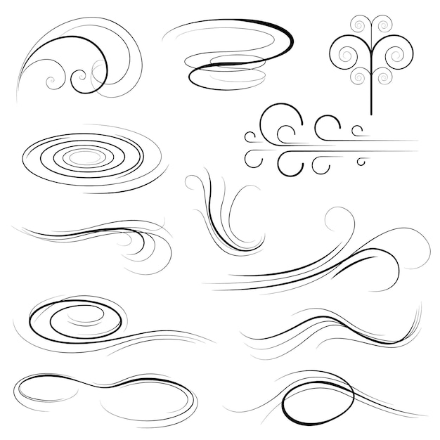 big set black collection simple line winds gust squall curl doodle outline nature element vector