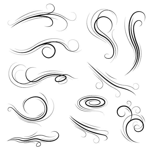 big set black collection simple line winds gust squall curl doodle outline nature element vector