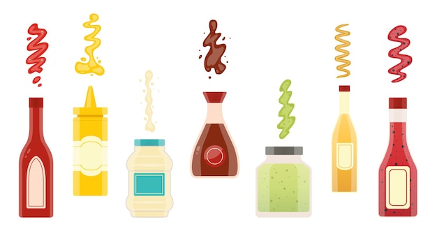 Big set of different sauces Wasabi Soy Mustard Ketchup Chili Mayonnaise sauces collection Sauce bottles vector design