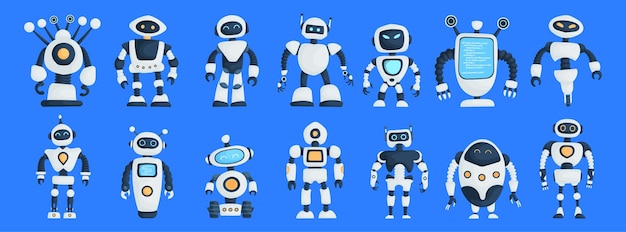 Big Set of Modern Robots Isolated on Blue Background Cute Character Cartoon Artificial Intelligence Concept Flat Vector Illustration