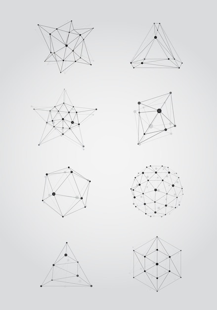 big set of vector black and white lattice shape symmetric lined object with dots