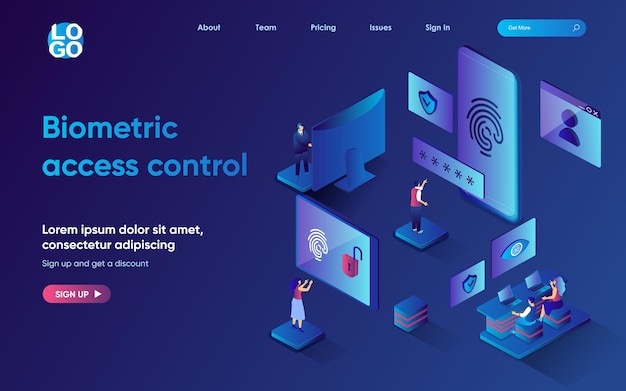 biometric access control concept 3d isometric web landing page people use fingerprint scanner
