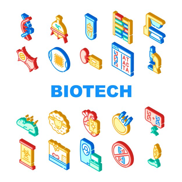 Biotech Technology Collection Icons Set Vector Biotech Eye And Kidney Decoding Dna Code And Testing Dolly Sheep And Bioengineering Isometric Sign Color Illustrations