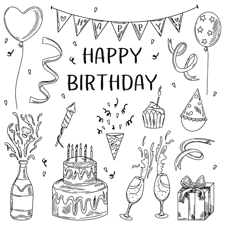 Vektor birthday celebration holiday party decor vector sketch illustration of cake with candles champagne