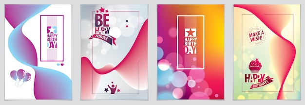 birthday vector greeting cards set. includes lettering composition and balloons combined with wavy fluid colorful shape abstract backgrounds collection. a4 format with cmyk colors acceptable for print