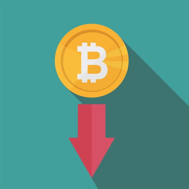 Bitcoin indeks rating går ned på børsmarkedet. rød pil. Bitcoin-kursen faller i bakgrunnen - Vektor illustrasjon