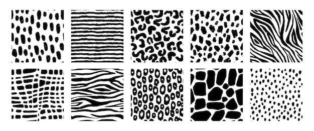 Black and white animal patterns Seamless print of wild nature skin textures abstract decorative crocodile leopard zebra tiger giraffe Vector set