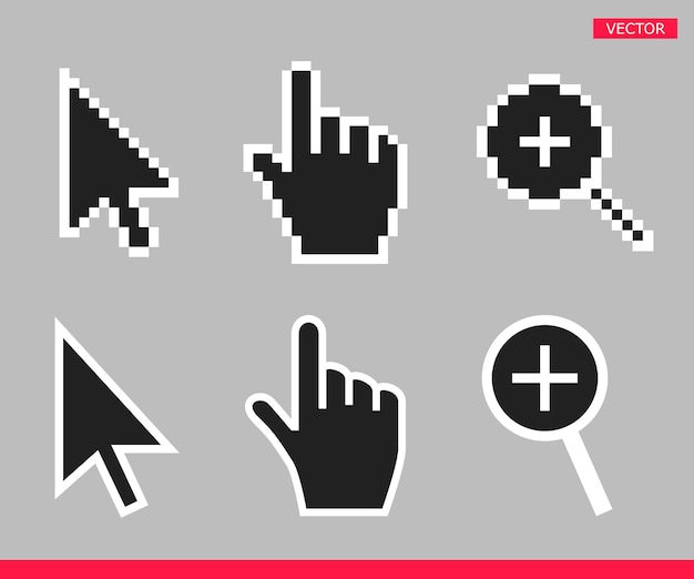 Black and white arrow hand and magnifier mouse cursor icons vector illustration