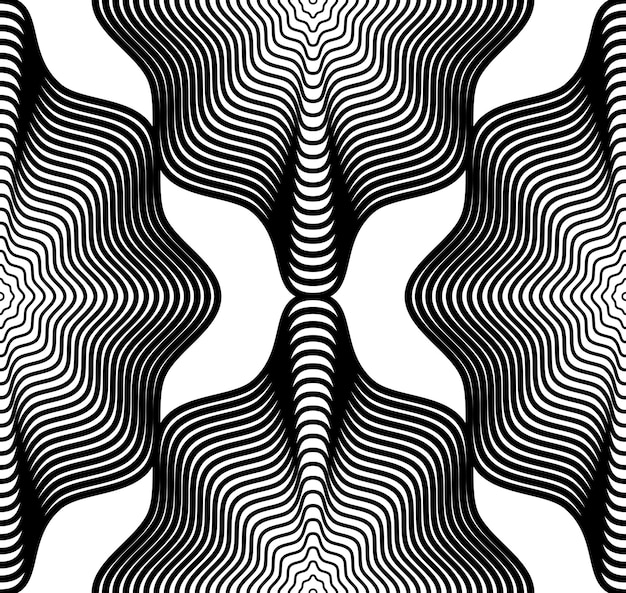 Black and white illusive abstract seamless pattern with geometric figures. Vector symmetric simple backdrop.