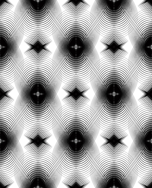 Black and white illusive abstract seamless pattern with overlapping shapes. Vector symmetric transparent backdrop.