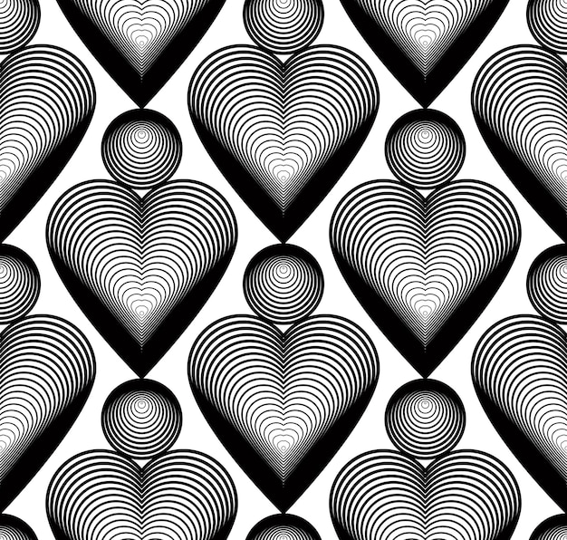 black and white illusive abstract seamless pattern with stripy love hearts. vector symmetric simple backdrop.