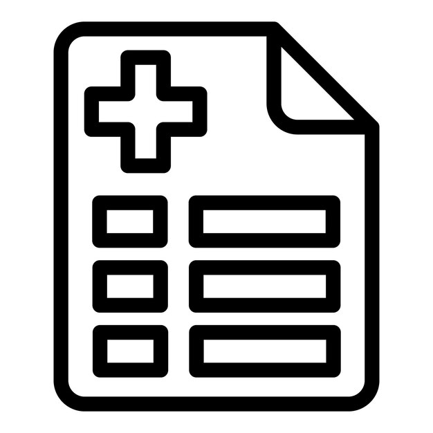 black and white vector icon of a medical document with a cross symbol suitable for web and print