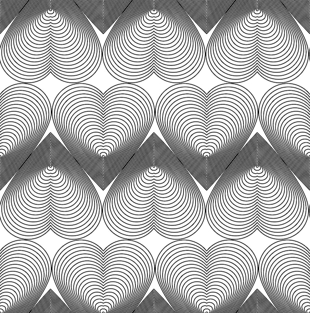 black and white vector ornamental pattern, seamless art background decorated with monochrome lines and hearts, best for graphic and web design. valentine theme.