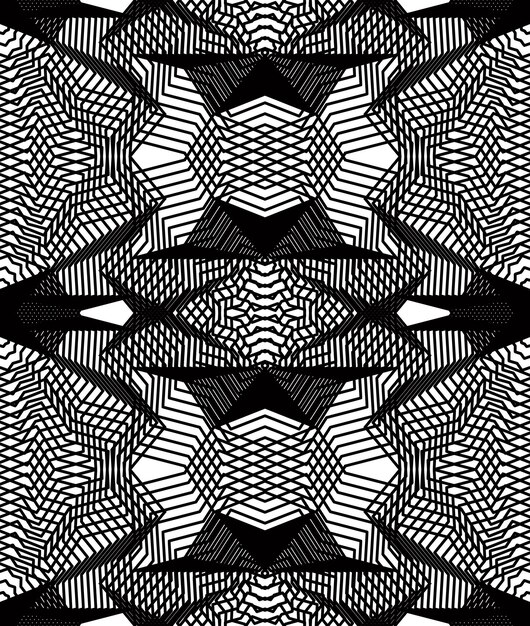 Black and white vector ornamental pattern, seamless art background decorated with monochrome lines, best for graphic and web design. Endless ornate, kaleidoscope effect.