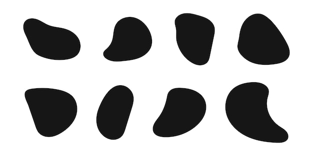 Black irregular shapes organic blobs liquid ink stains distorted blots silhouettes