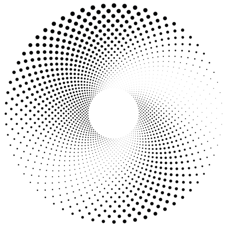 Vektor black round halftone texture dotted radial swirl or tornado shape