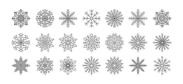 Black snowflakes vector set for winter design element Silhouette snowflakes isolated on white background Freeze symbol icon collection Snow Ice crystal shape graphic