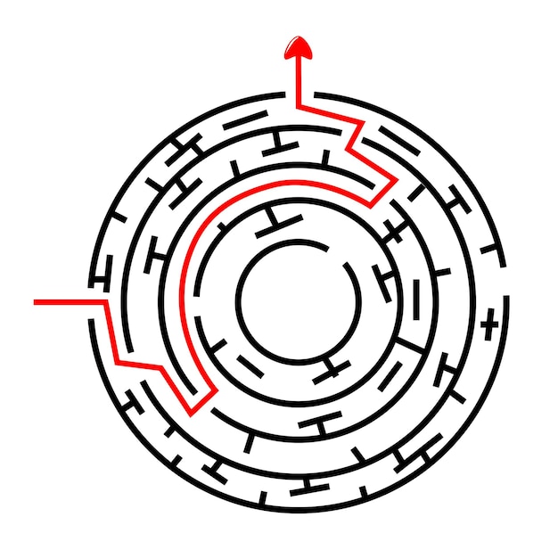 black vector circle maze, red line from in to out with arrow
