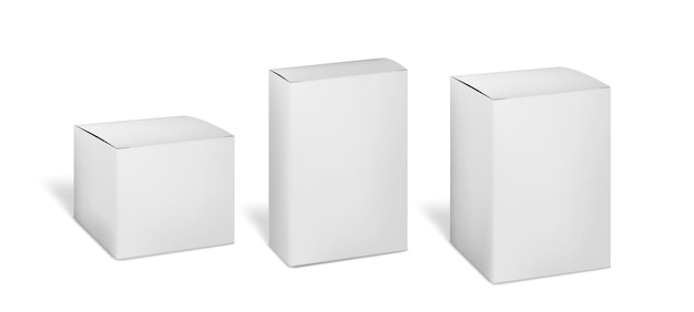 Blank white cardboard packaging boxes vector mockup Paperboard box set mockup for design