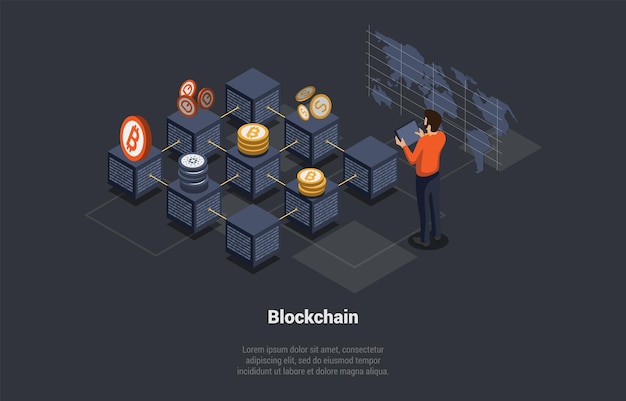 Blockchain And Cryptocurrency Concept Man Working on Blockchain Startup And Technology Of Crypto Transaction Binary Code Number Big Data Flow Information Isometric 3D Cartoon Vector Illustration
