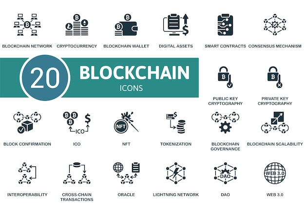 Blockchain set creative icons monochrome