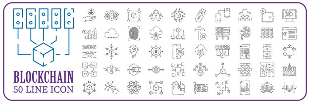 Blockchain vector line icon set or design element in outline style